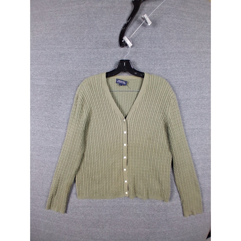 Jones New York Women Sweater Large Green Cable Knit Lightweight Cardigan Stretch